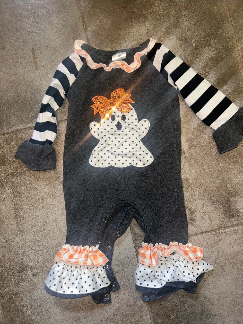 Gray Ghost Ruffle Baby Romper with Black & White Striped Sleeves